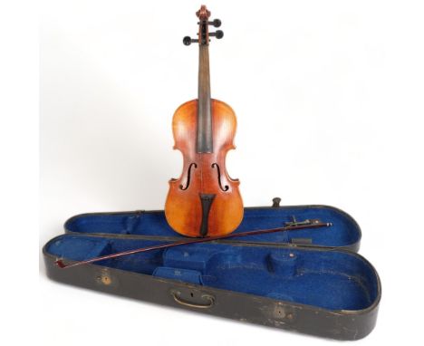 A full-sized violin, back measures 14", label to the inside reads Antonius Stradivarius Cremonenfis, Faciebad Anno 1713, with