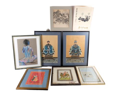 A pair of framed paintings of Emperors, 57cm x 42cm overall,  various framed scripts, Mughal painting on fabric, pastels port