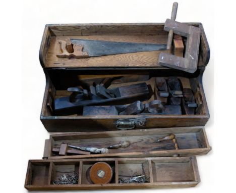 An Antique stained pine carpenter's tool box, and various tools including various planes and other tools, etc 