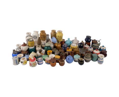A boxful of ceramic and other mustard pots, etc 