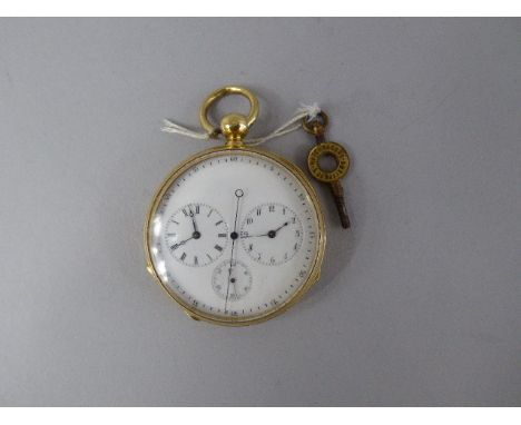 An 18ct Gold Pocket Watch with Stopwatch Sweep and Three Subsidiary Dials for Clock, Hours and Seconds. Movement Requires Att