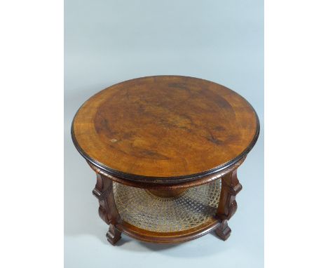 A Nice Quality Crossbanded Walnut Circular Table with Cane Stretcher Shelf, 84cms Diameter