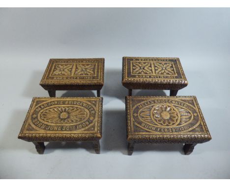 A Set of Four Early 20th Century Panelled and Carved Oak Folk Art Stools. Each with Top Panel Commemorating the Birth of a Ch