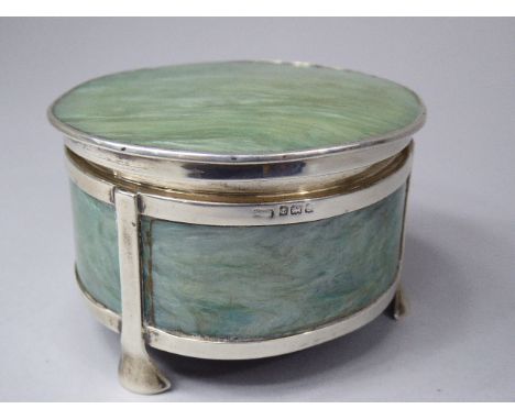 A Silver Mounted Faux Mother of Pearl, Trinket Box. Birmingham 1926. 9cm Diameter. 5.5cm Tall