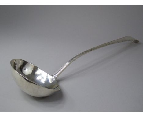 A Large Georgian Silver Ladle. London 1793 with Fluted Decoration to Handle and with Armorial Crest. 33cm Long