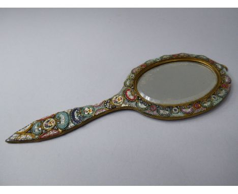 A Pretty Late 19th/Early 20th Century Micromosaic  Hand Mirror with Wall Mounting ring. 20cm Long, 7.5cm Wide.