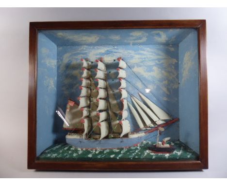 A 19th Century Folk Art Sailing Ship Diorama in a Glazed Wooden Case. 58x47x12cm