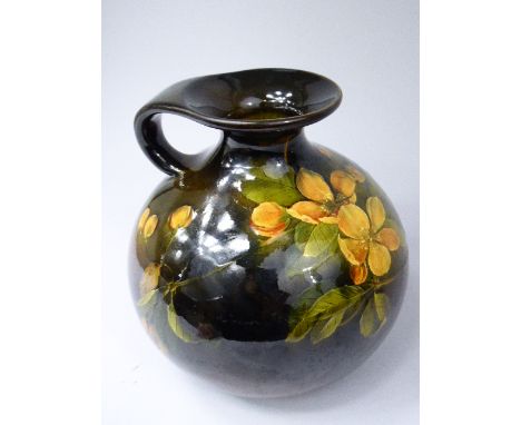 A Pretty Ceramic Treacle Glazed Floral Decorated Pitcher, Signed Under GWV, W, P 669. In the Style of Owens Utopia Art Potter