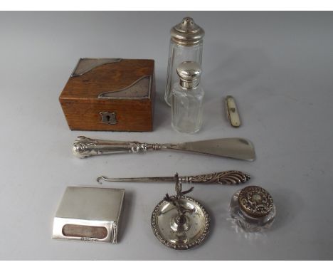 A Collection of Silver Mounted Items to include Oak Jewellery Box, Dressing Table Pots, Mother of Pearl Fruit Knife, Vesta Et