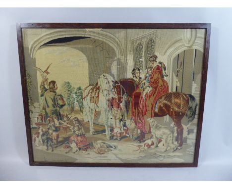 A Large 19th Century Tapestry, Possibly Depicting Queen Victoria and Albert in Balmoral. With Children, Hawker, Horses Etc an