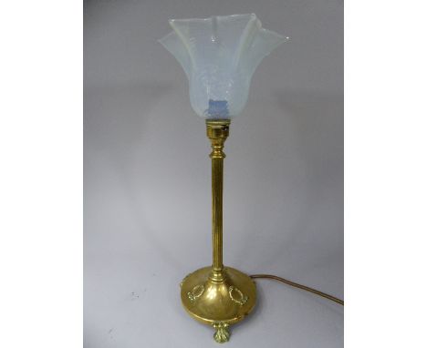 A French Late 19th/ Early 20th Century Brass Table Lamp with Folded and Rubbed Vaseline Glass Shade. Reeded Column Above Circ