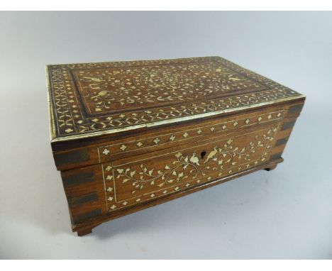An Anglo Indian Inlaid Teak Work Box with Brass Mounts and Decorated with Birds and Flowers (Circa 1900). Fitted Interior wit