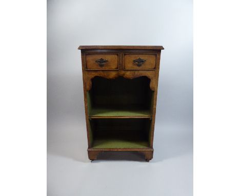 A 20th Century Walnut Bookcase with Crossbanded Top, Centre Shelf and Two Drawers. 46cm Wide, 77cm High