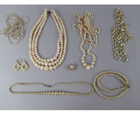 A Collection of Six Necklaces to Comprise Two Angel Coral, Two Simulated Pearl and One Other Pearl Plus Pair of Pierced Earri