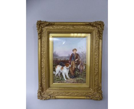 A 19th Century English Hand Painted Rectangular Porcelain Plaque by J Rouse. Depicting Young Man with Hunting Dogs and Brace 