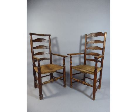 Two Billinge Rush Seated Ladder Back Armchairs
