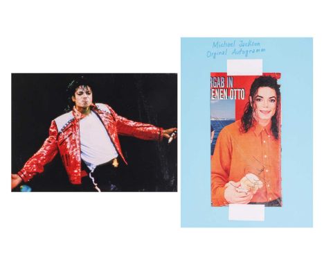 Michael Jackson (1958-2009) American singer, autograph on cut-out German magazine picture, the signature in blue ink, 20.5 cm