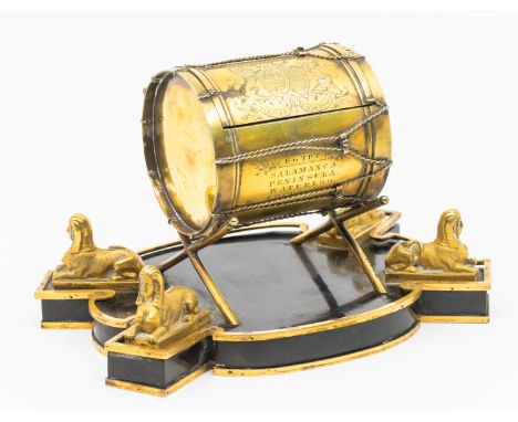 Militaria Interest: a Victorian silver-gilt military drum shaped presentation desk ink stand, the cover engraved with The Roy