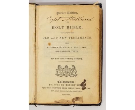 A CAPTAIN MAITLAND'S HOLY BIBLE Pocket Edition, Coldstream printed by Robert Kerr 1845, in foliate tooled original leather bi