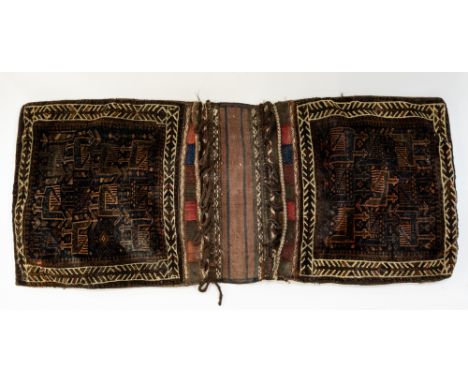 A 19th CENTURY NORTHERN PERSIAN TRIBAL WOOL KHORJIN (SADDLEBAG) each bag face worked with three rows of three peacocks/dragon