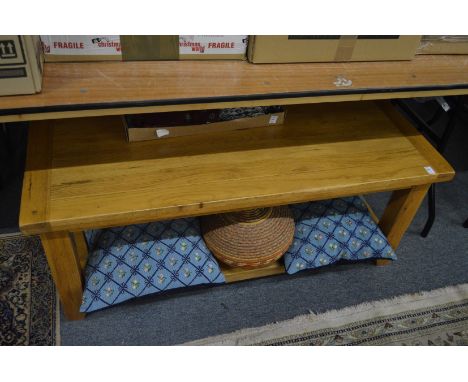 A modern oak coffee table, a similar lamp table and a two drawer chest.