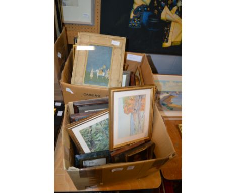 Two boxes of paintings and prints.