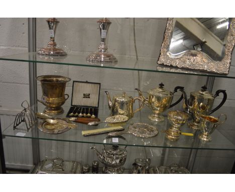 A silver plated four piece tea and coffee service and other plated wares.