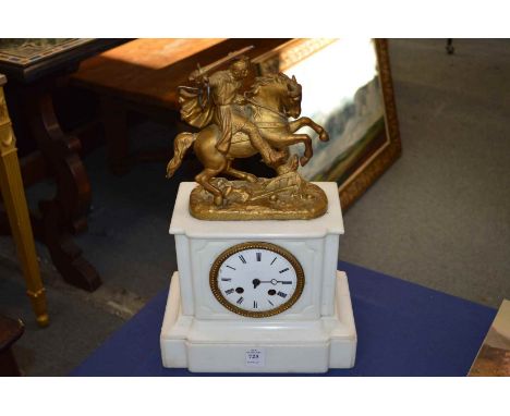 A Victorian white marble mantle clock with spelter mount, modelled as a knight on horseback.