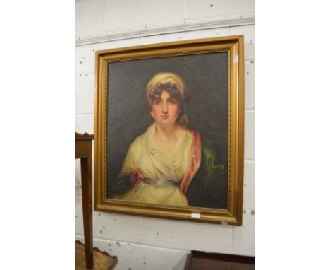 A portrait of a young lady wearing a green and cream dress, oil on canvas.