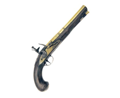 T. ARCHER, LONDONA GOOD 14-BORE FLINTLOCK BRASS-BARRELLED SILVER MOUNTED HOLSTER-PISTOL, no visible serial number,circa 1750,