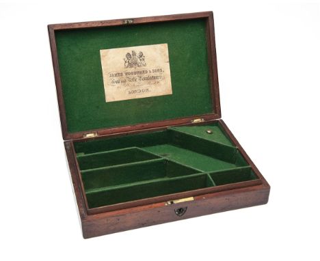 A VINTAGE WALNUT PISTOL-CASE WITH JAMES WOODWARD LABEL,measuring externally 11 3/4in. x 7 3/4in. x 2 3/8in, lined and compart