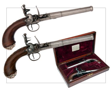 DAYKIN, LONDONA CASED PAIR OF 20-BORE FLINTLOCK 'QUEEN ANNE' PISTOLS, no visible serial numbers,the butt-caps bearing Birming