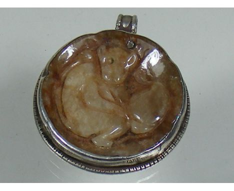 A Chinese Ming Dynasty 17thC. Carved Jade Monkey Set In A European 18thC. Silver Mount With Stag Decor