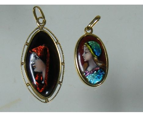 Two Limoges Enamel On Gold Pendants, Signed