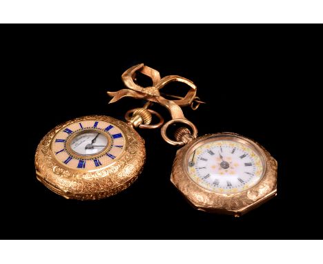 A 9ct gold ladies fob watch, by Alfred Goad &amp; Sons, having engraved case with blue enamel Roman numerals to front, on yel