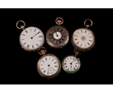 A group of five Victorian and later silver ladies fob watches, all AF, one with green enamel, a half hunter and three others 