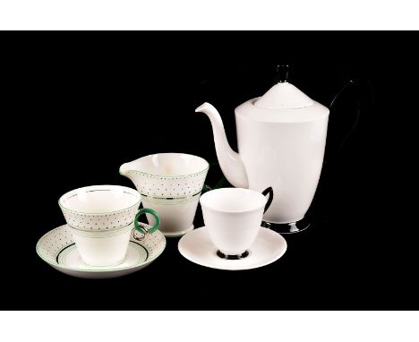 A Royal Albert Art Deco black and white coffee set, comprising six cups and saucers, coffee pot, suger bowl and cream jug, to