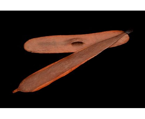 Four vintage Aboriginal and Tribal hunting items, including a boomerang, a shield, a sword and a hunting blade (4)
there is a