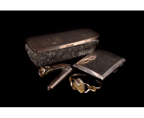 A Hallmarked silver cigarette case, together with a silver cheroot holder, cigar cutter, bangle and silver lidded glass box. 