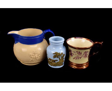 A collection of 19C British Pottery, including two copper lustre goblets, Spode stoneware jug, pink lustre jug with raised re