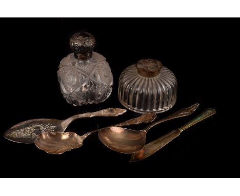 A Hallmarked silver topped scent bottle, with hob nail cut glass design and brass Tudor rose lidded topped glass ink well tog