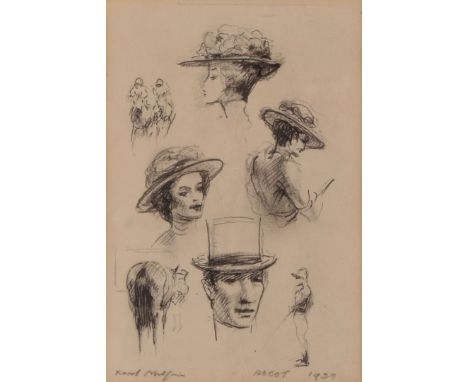 A pencil sketch of various people at Ascot, showing racing horses, jockeys and well dress ladies and gentlemen, with signatur