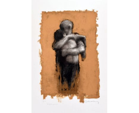 A modern lithograph of an embracing couple, in charcoal hues to a golden ground, Artist's Proof number 11/15, signed in penci