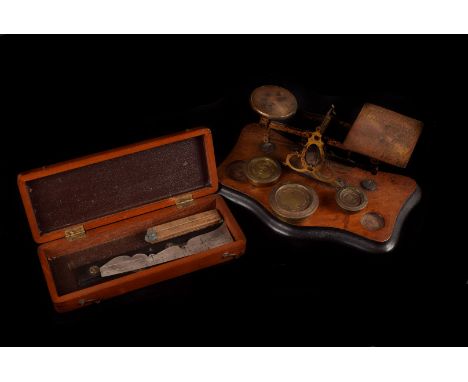 A collection of balance scales, together with a selection of geometry equipment (parcel)