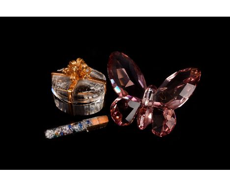 Two Daniel Swaroski items,  including a Dragon Fly and a Butterfly, with with gold plated silver, also a light amethyst butte