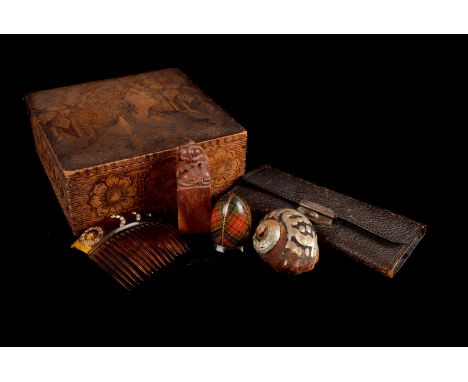 A mixed lot, containing scroll weights, tins, cast iron tablets, hair combs, playing cards, and more (parcel)