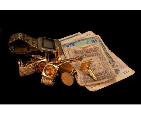 A pair of enamel cufflinks, together with a large selection of yellow metal cufflinks, plus a ladies Sekonda wrist watch, a s