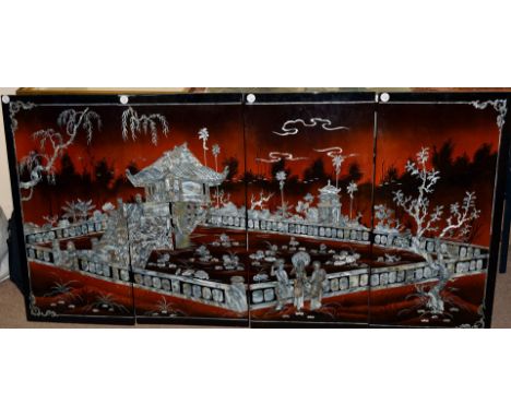 A set of four Japanese laquered panels, having mother of pearl inlaid design, once joined creating an image of a one pillar p