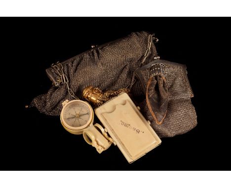 A mixed lot of vintage 1930s items, including seven clinical thermometers, a P.O. money box, chainmail purse, bag and coin pu