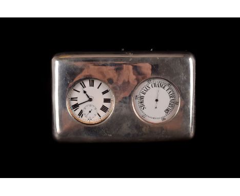 An Edward VII silver barometer and clock set, the white metal goliath watch and pocket barometer in silver case by William Co